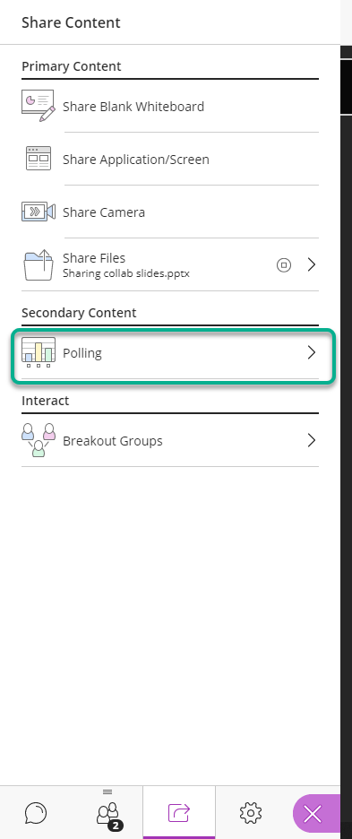 In the Share content menu, showing where the Polling function is located.