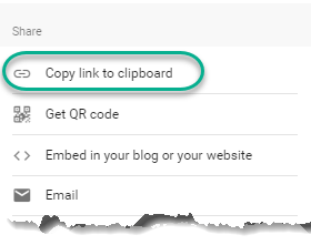 Screen shot of the Padlet Share panel with the option "Copy link to Clipboard" highlighted