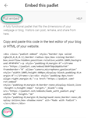 Screen shot of Full embed text with the Copy link highlighted