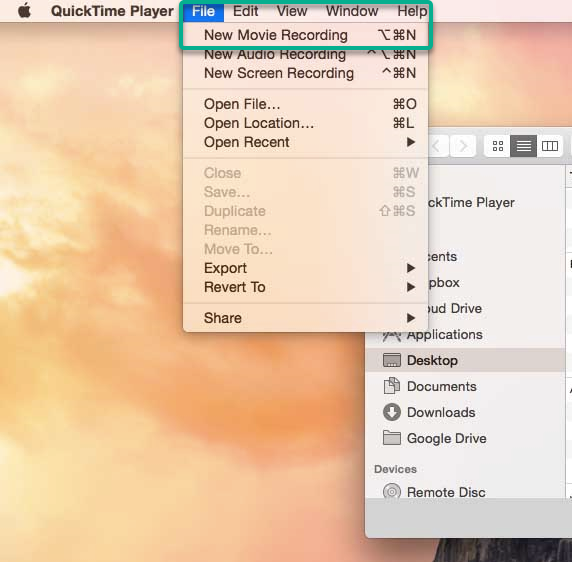 File menu with new movie recording 