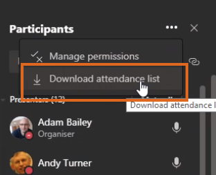 Teams - download the attendance list