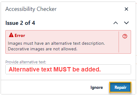 Screen shot of Content Editor's Accessibility checker with Alternative Text error found.