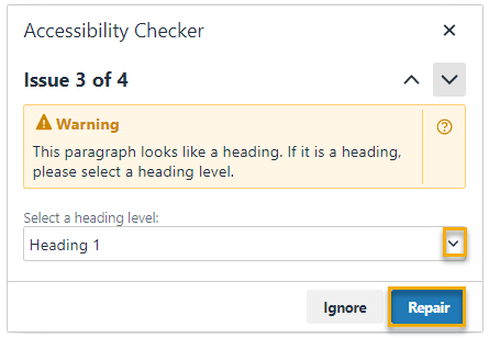 Screen shot of Blackboard Content Editor's Accessibility checker with Formatting error found.