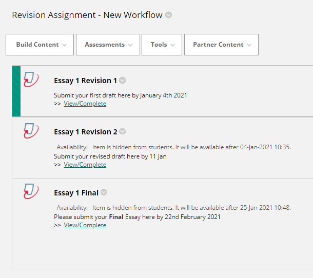 Blackboard assessment area with three separate submission points labelled Revision 1 Revision 2 and Final