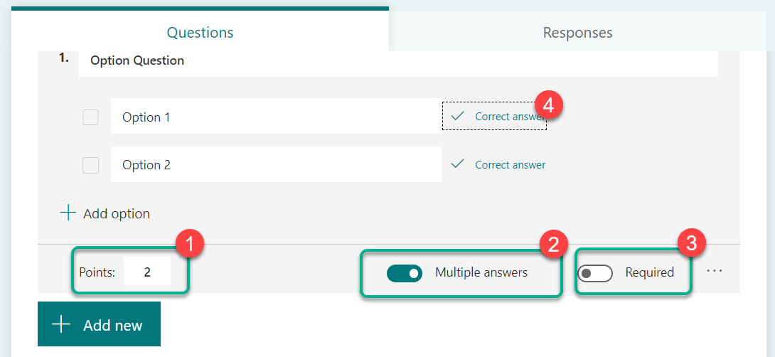 In the multiple choice question showing numbers one to four of the list, to edit the question options for multiple choice and multiple answer variations 