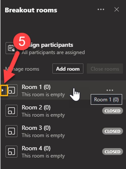 Screenshot of assign participants panel. The collapsible arrow to the left of the room names is highlighted. 