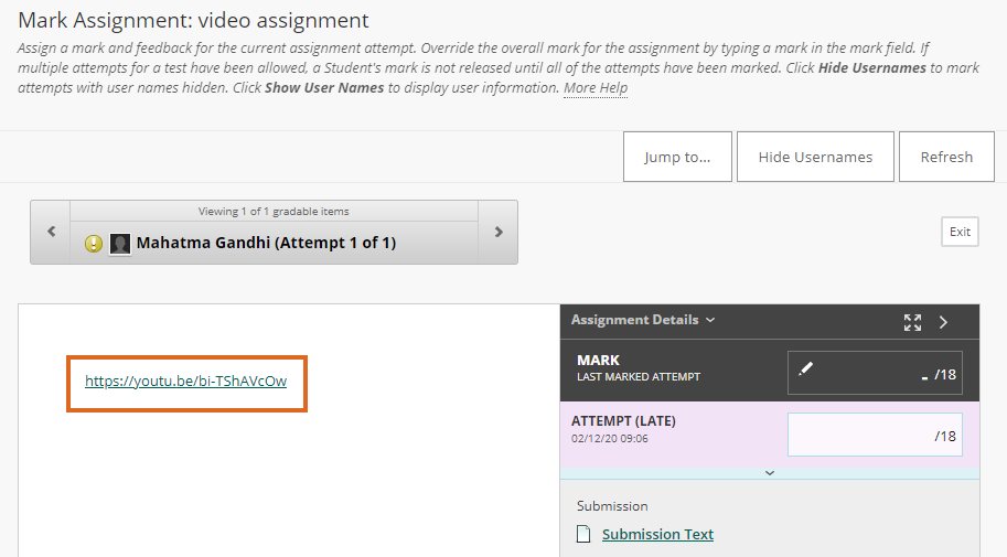 Blackboard assignment - marker view of YouTube link