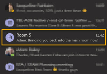 A screenshot showing the breakout room chat available after the session from the standard Teams chat panel. 
