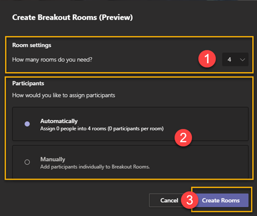 Screenshot of the breakout creation screen with four rooms, automatic allocation, and the create buttonbreakout rooms 