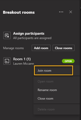 Screenshot showing the 'join room' option highlighted for joining the room as the organiser. This option is first in the dropdown list.