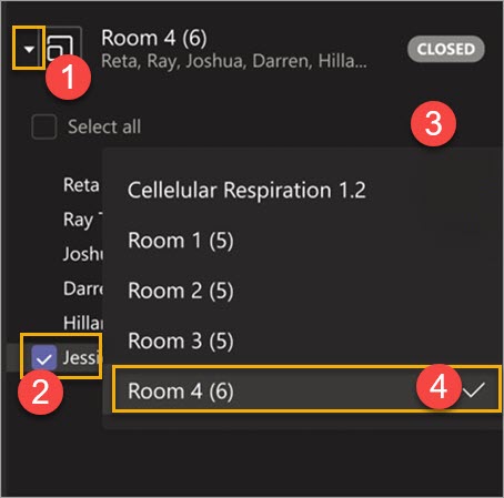 Screenshot showing highlighted expanded room information, one selected student, and a room four chosen to move that student into.