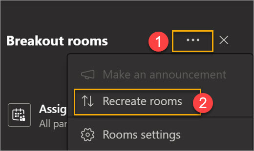 Screenshot showing 1. the ellipsis option to open the breakout room options; 2. The option to Recreate rooms