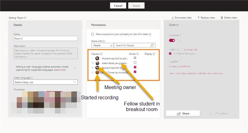 Screenshot showing viewing permissions for a video recorded in Teams breakout rooms. 