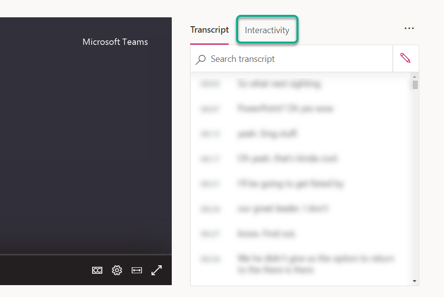 Showing the transcript area of the Stream video highlighting the interactivity tab.