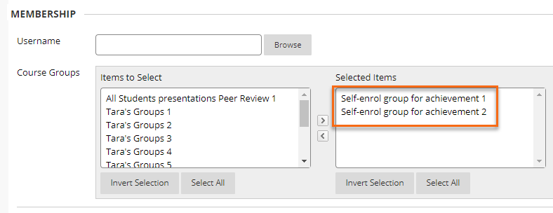 Define Triggers page with membership to self-enrol groups selected