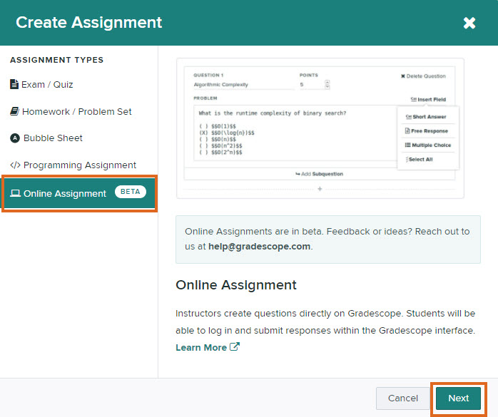Create a Gradescope Online Assignment