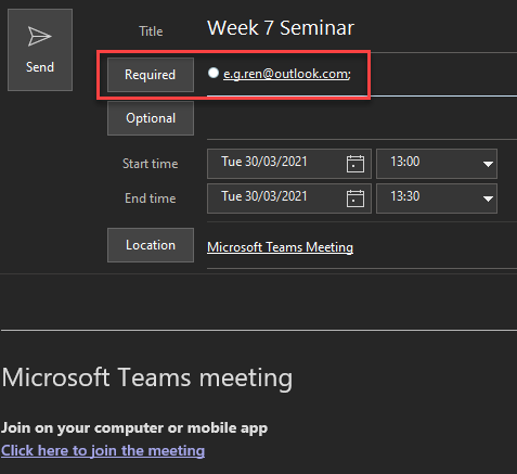 A teams meeting outlook invitation with an external email address invited