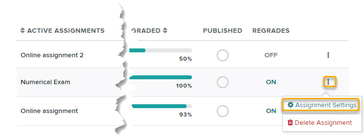 Gradescope Assignment page, List of Assignments with link to Assignment Settings highlighted 