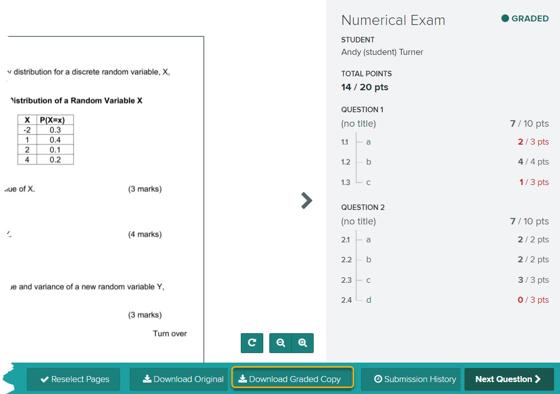 Student paper with the download with grades button highlighted 