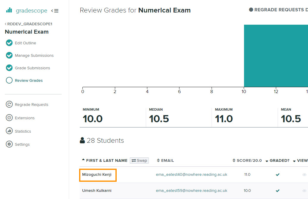 Select a student on the Gradescope Review Grades page
