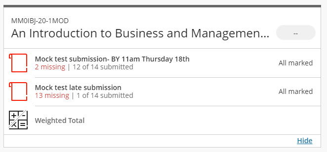 Course list showing all assessment