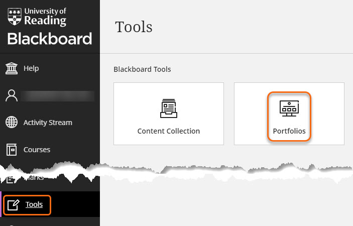 Blackboard menu with Tools page open and Portfolios link indicated