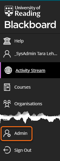 Blackboard menu with Admin circled