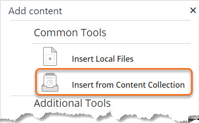 Add file pop-up window with Insert from Content Collection option circled. 