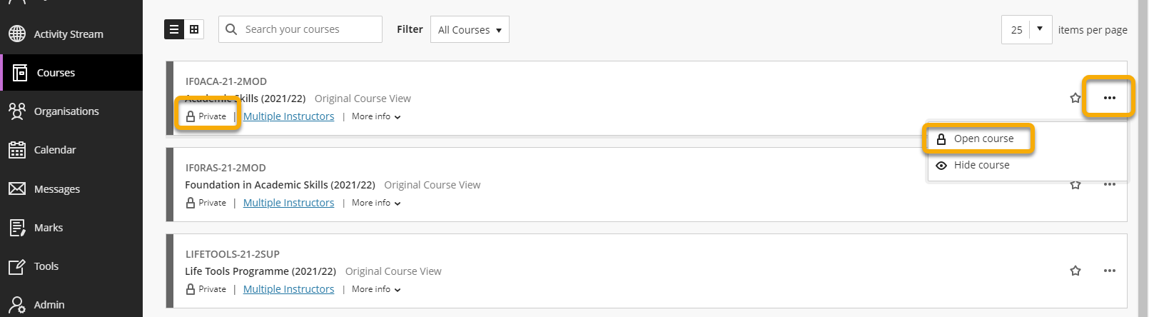 Showing the menu item to open a private or unavailable module in the Courses tab