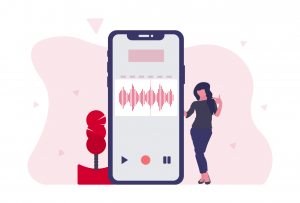 woman standing by phone with sound recording graphic