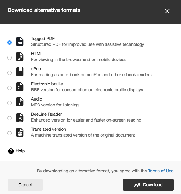 Alternative formats download dialogue