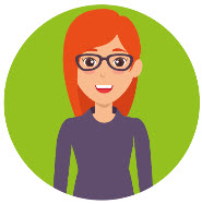 Illustration of smiling red-haired woman in glasses and blue jumper