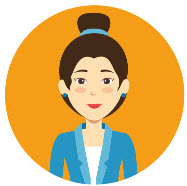 Illustration of Caucasian female with brown hair in a bun and blue shirt 