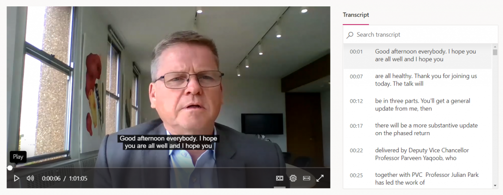 screenshot of video in Stream with captions on and transcript alongside
