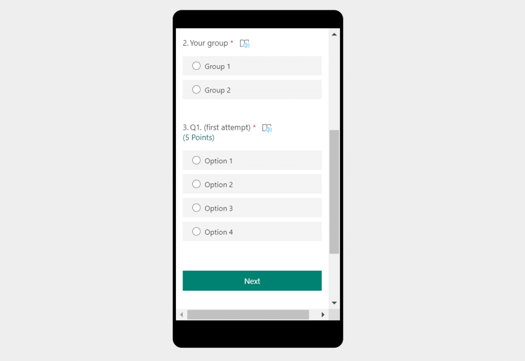 Screenshot showing MS Forms in mobile view - the quiz has scaled to fit the screen of a mobile device