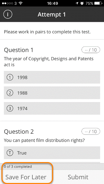 mobile view of Blackboard Test - shows the questions scale to fit the device screen
