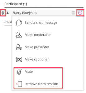 A moderator in a collaborate session using the attendee controls to mute or remove a participant.