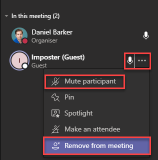 A moderator in a Teams meeting opening the participant panel, viewing an attendees open mic and using the options to mute or remove them.