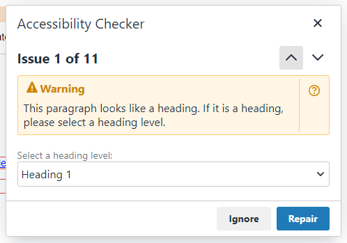accessibility checker highlighting issue with Header