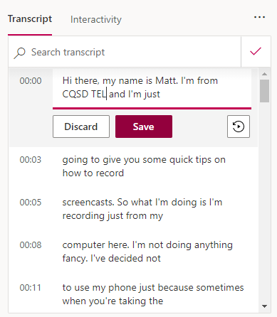 Editing captions via the MS Stream on-page transcript