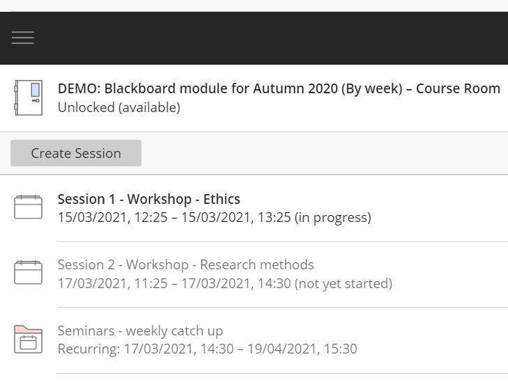 screenshot showing list of Collaborate sessions