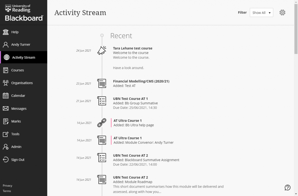 Screenshot of the Ultra Base Navigation Activity Stream