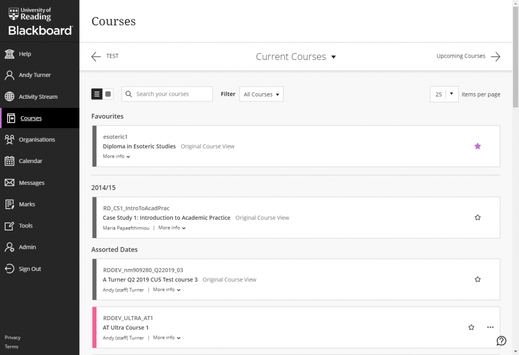 Screenshot of the Courses page - list view