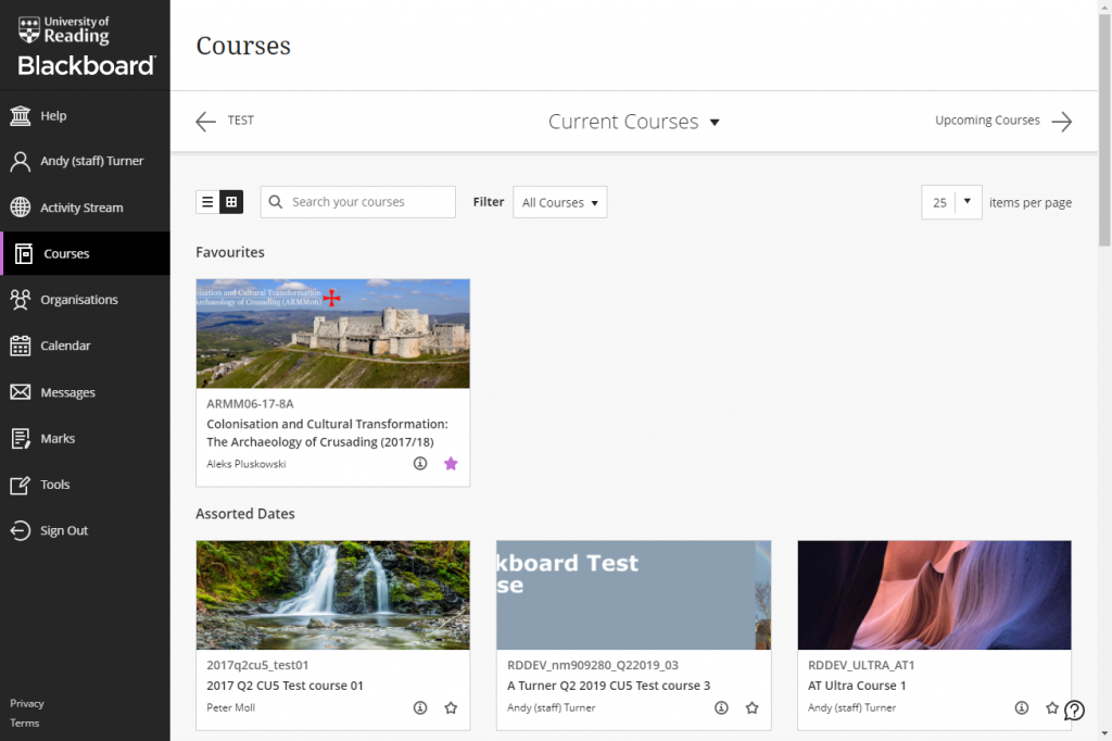 Screenshot of the Courses page - tile view