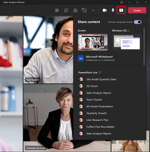 Screenshot showing Teams meeting share content tray desktop view