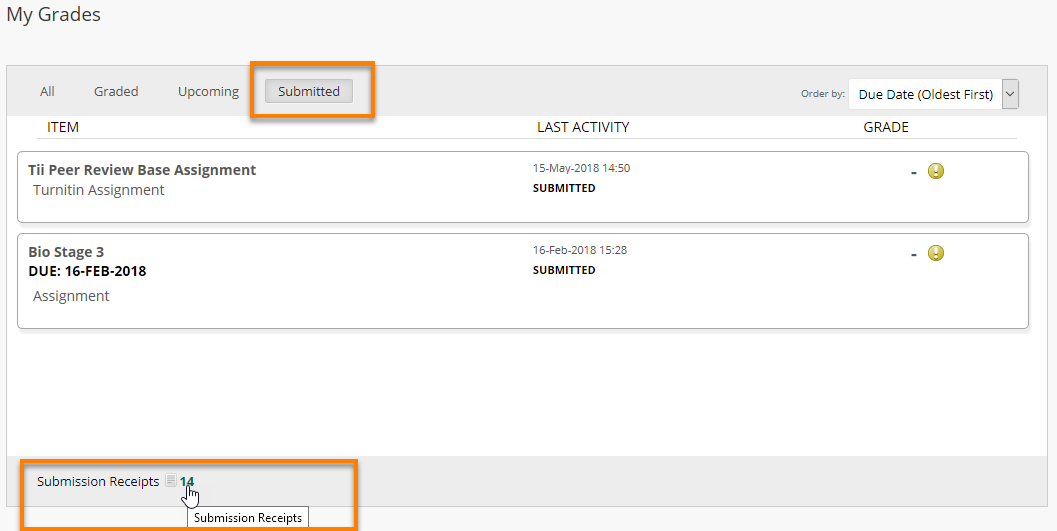 my grades view in the course showing the Submitted tab