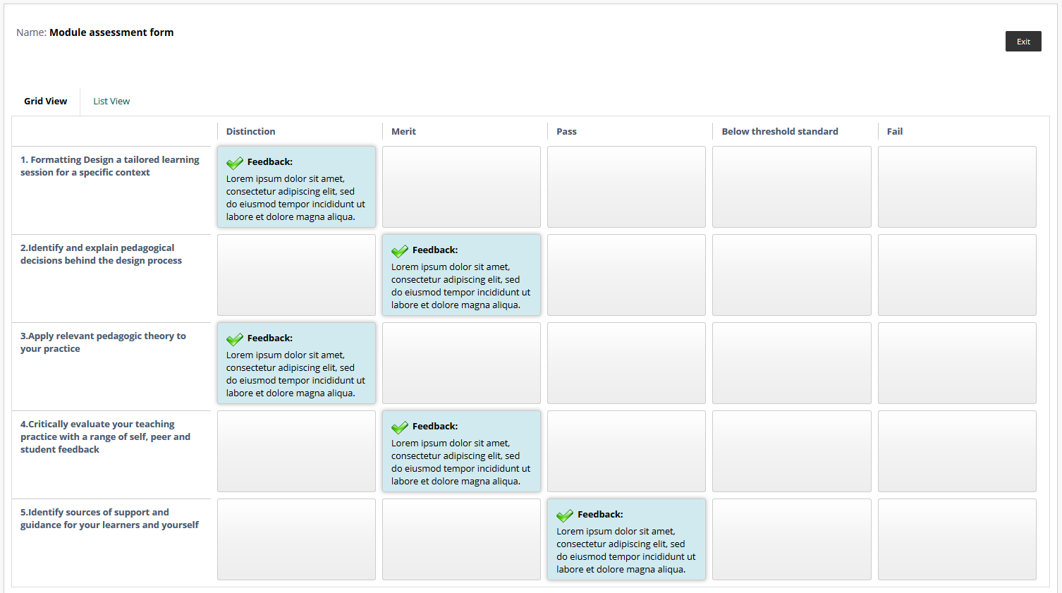 Filled out rubric viewed in a pop-up window