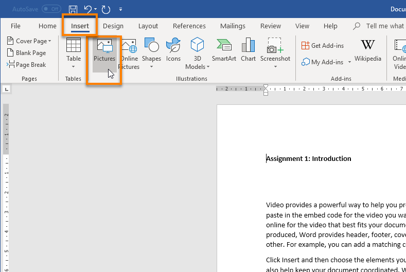 Microsoft Word 2019 with the Insert tab open and the Pictures option highlighted.