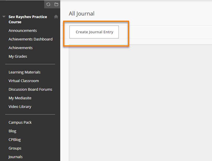 Journal entry screen and the Create new Entry option highlighted
