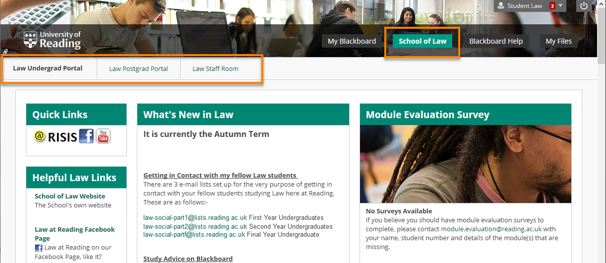 the School of Law Blackboard tab open and the sub-tabs Law Undergrad portal, Law Postgrad portal and Law Staff room highlighted.